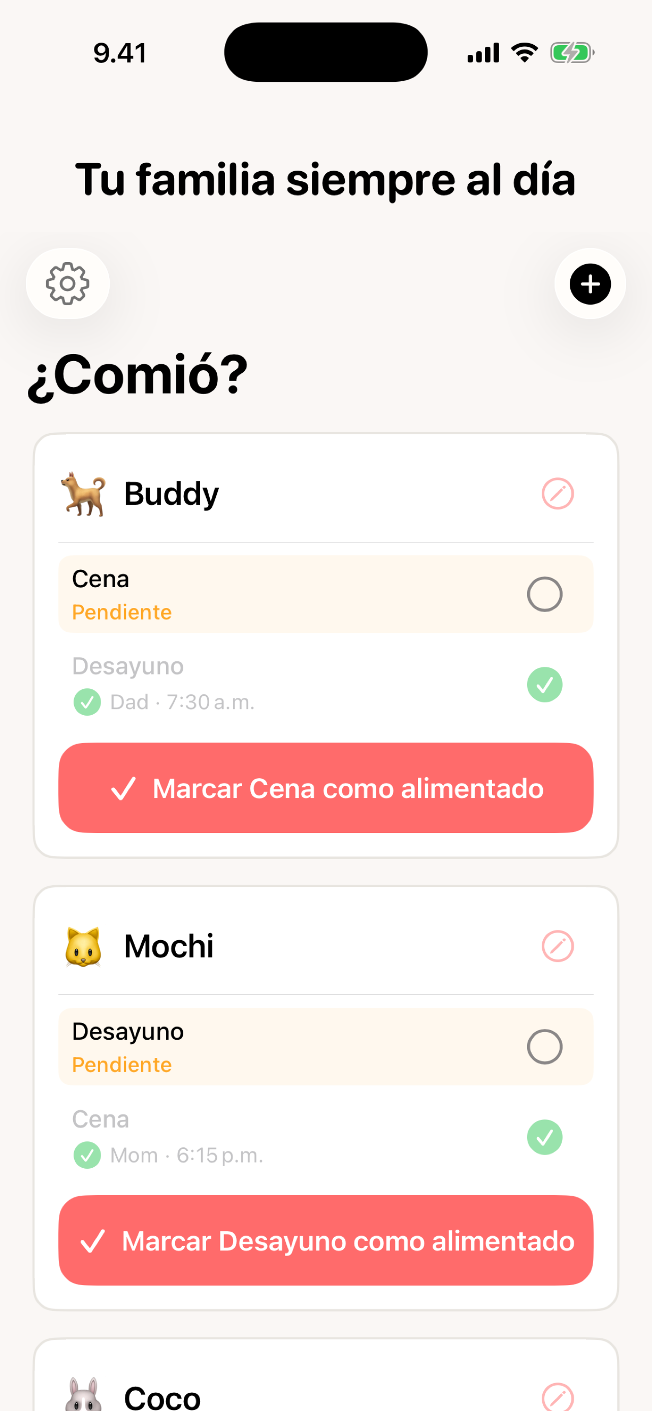Fed? sincronización familiar — papá y mamá alimentando diferentes mascotas en tiempo real