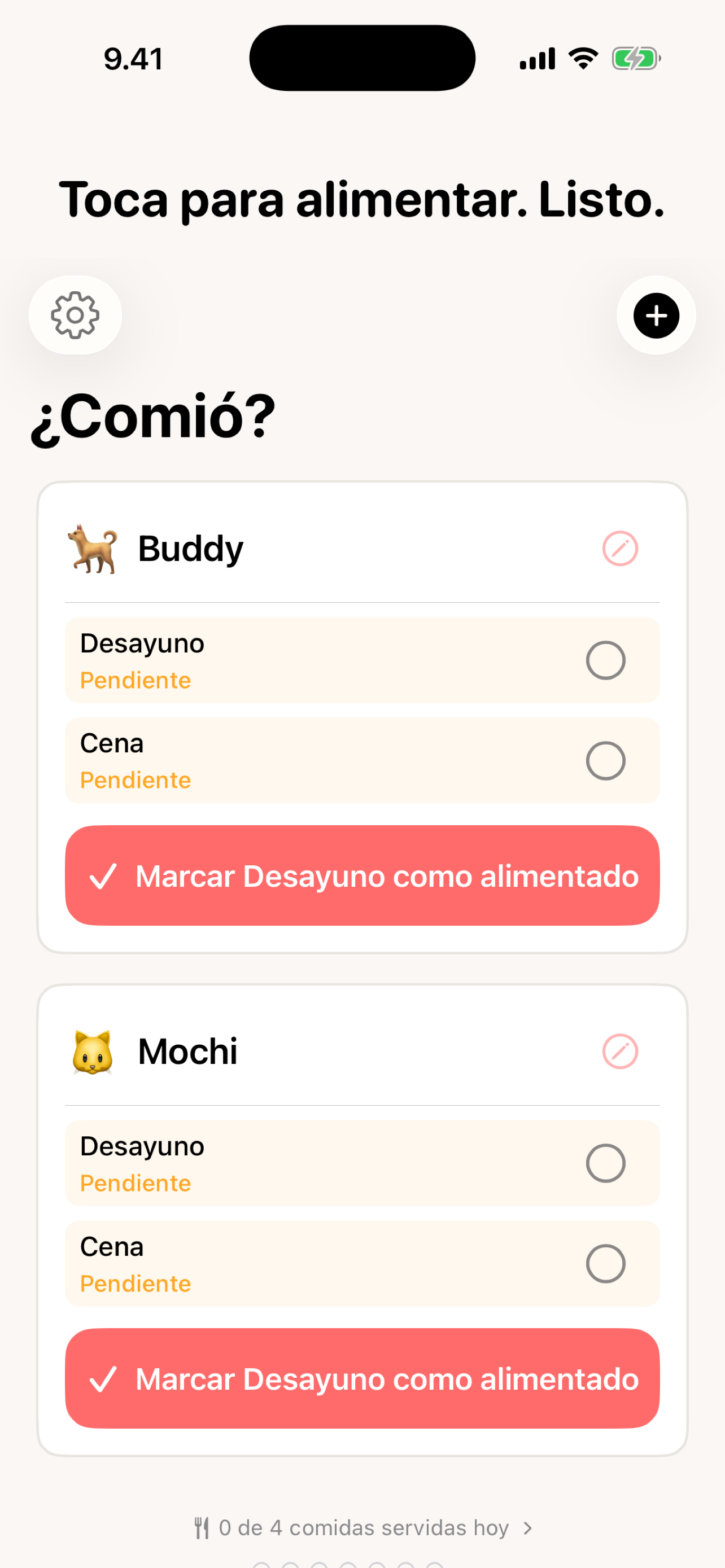 Fed? panel de alimentación — toca para alimentar con comidas pendientes