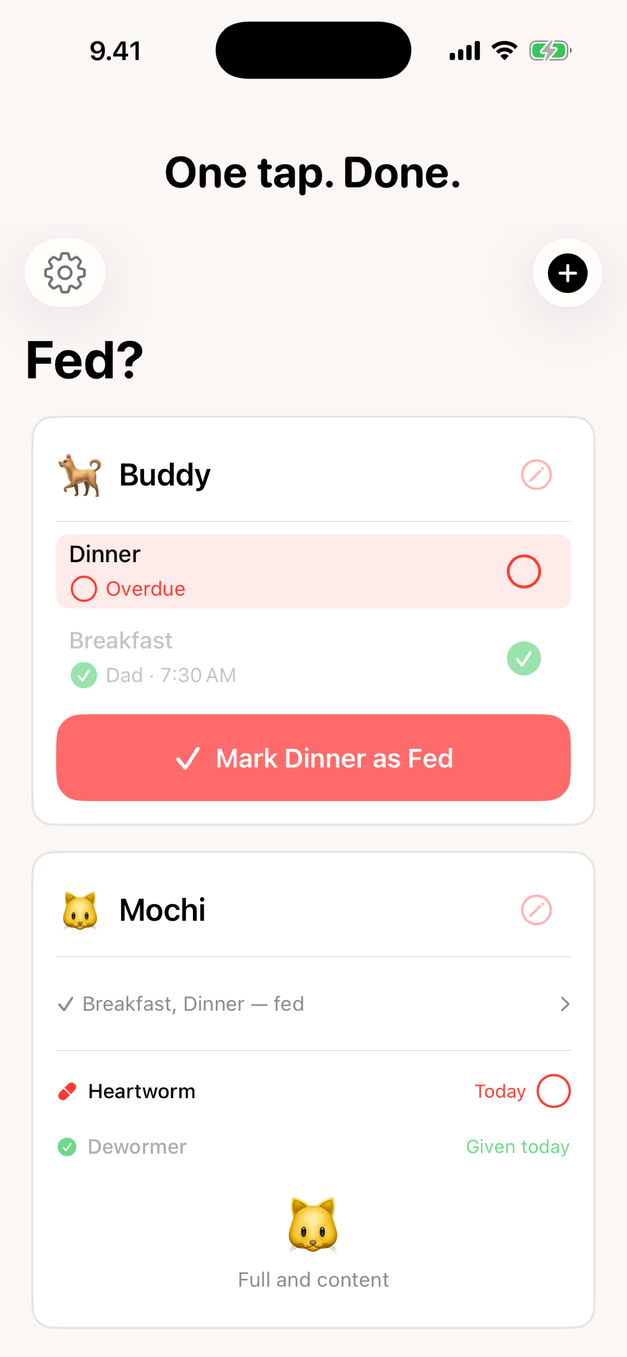 Fed? main screen — one tap to mark Buddy's dinner as fed, with overdue alert and medication tracking