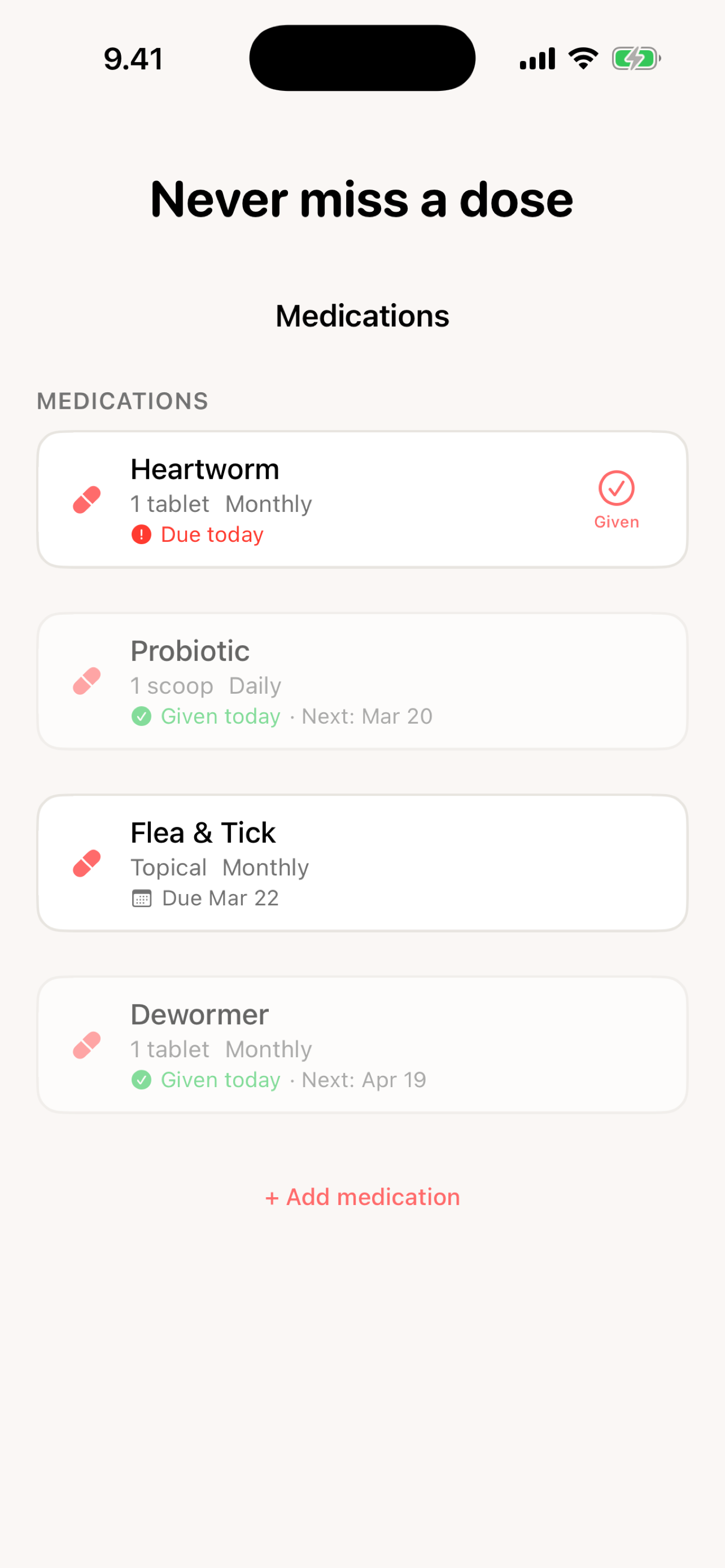 Fed? medication tracking — heartworm, probiotic, flea and tick, dewormer with due dates