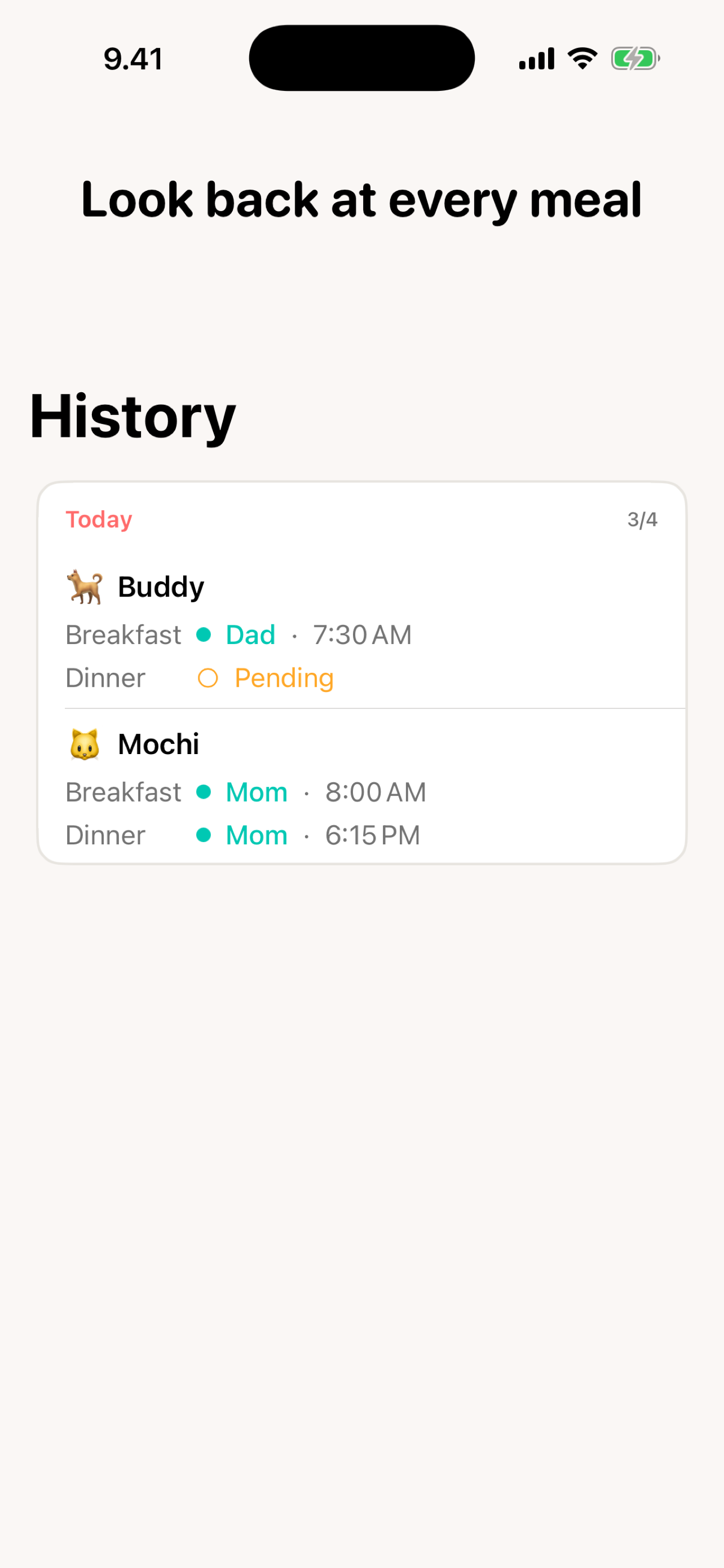 Fed? feeding history — daily meal log showing who fed each pet and when