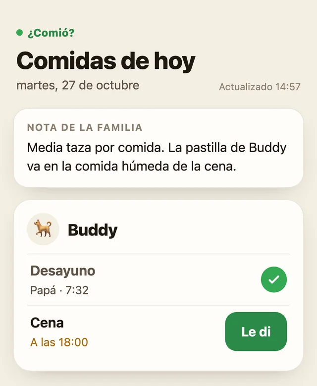 La página del enlace de comidas en un navegador: las comidas de hoy de Buddy, con el botón para la cena