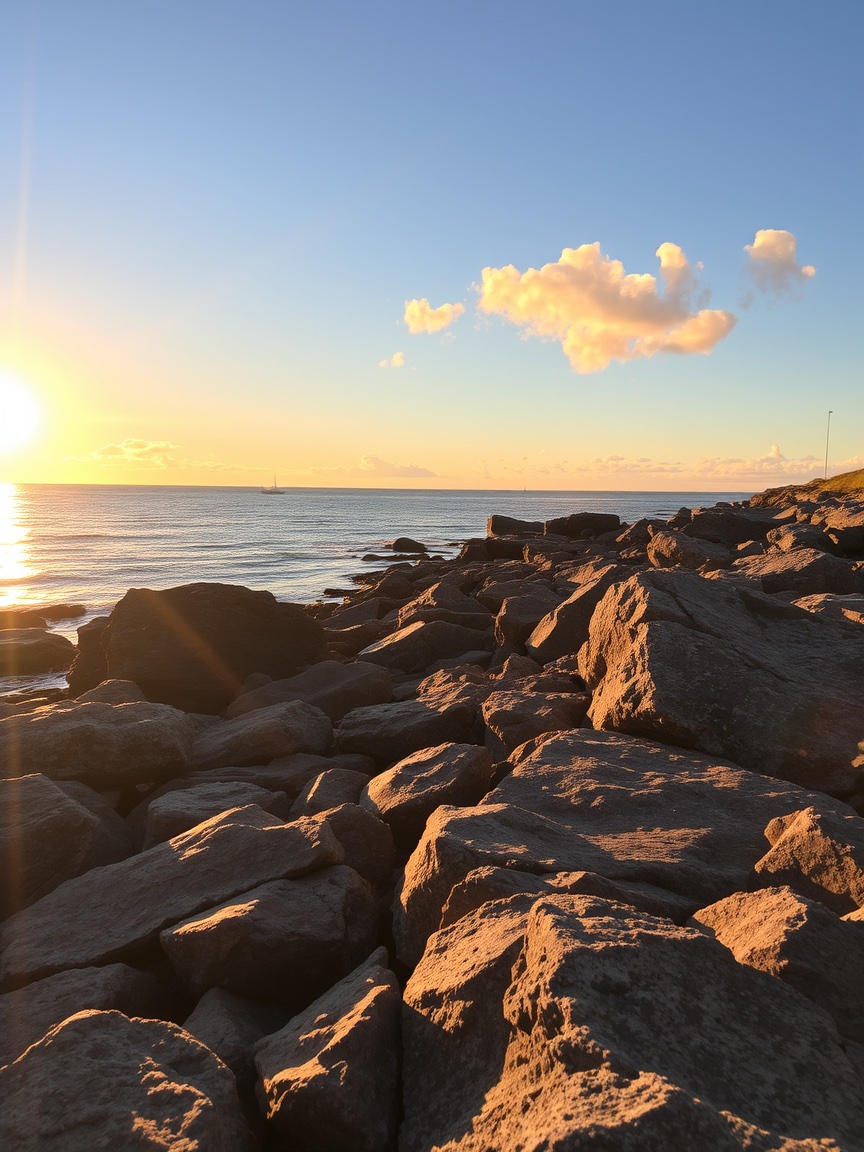 A golden-hour coastline developing from a latent grey image into full color