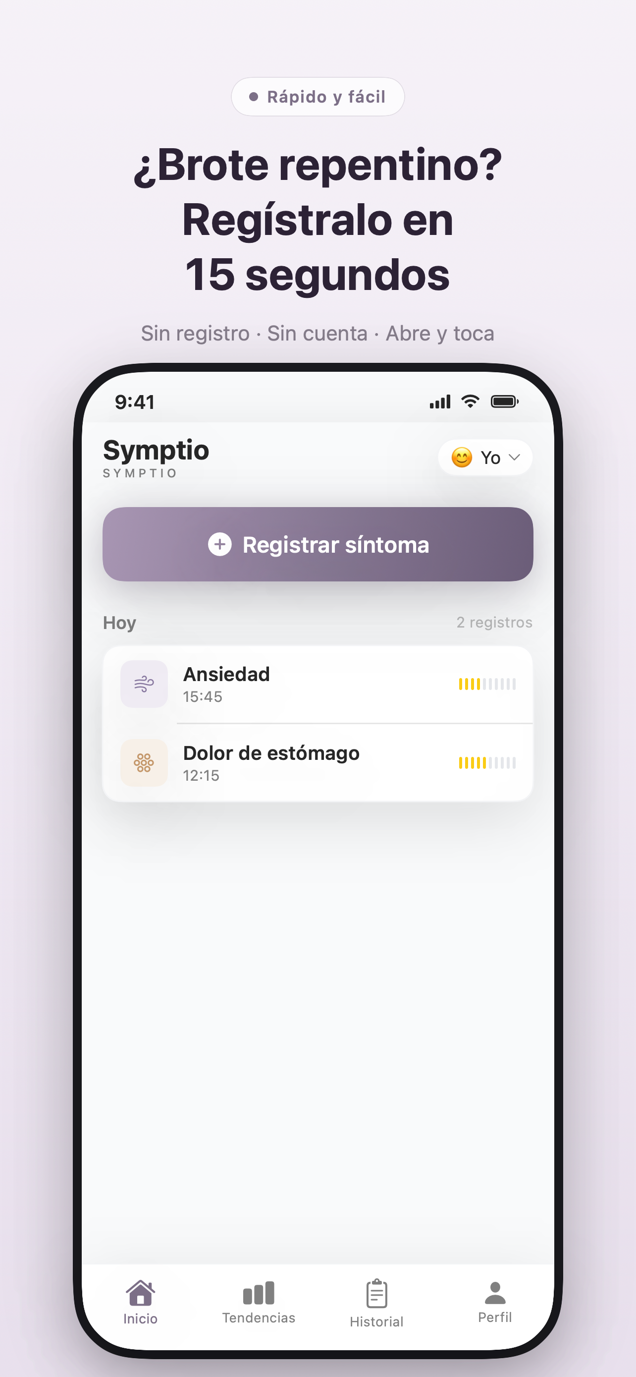 Pantalla de registro de Symptio