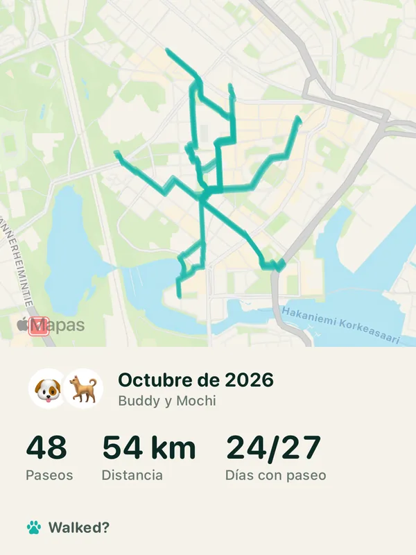 Resumen de octubre de Buddy y Mochi: 48 paseos, 54 km, 24 de 27 días con paseo, todas las rutas en un mapa