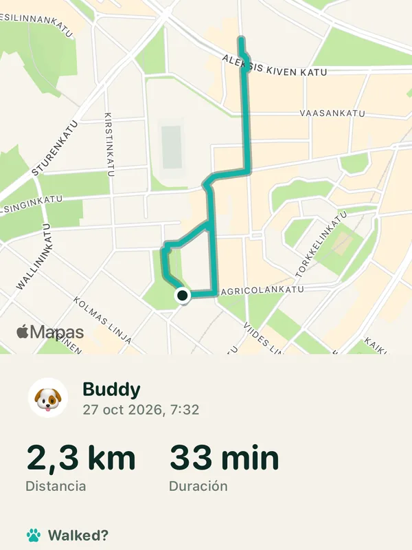 Tarjeta de paseo: Buddy, 2,3 km en 33 minutos, la ruta en un mapa