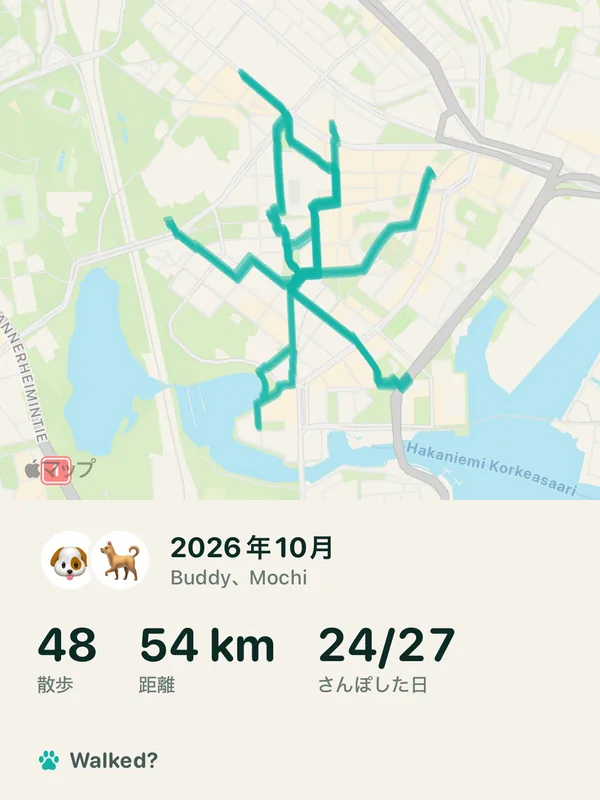 Buddy と Mochi の10月の振り返りカード：さんぽ48回、54 km、27日中24日、すべてのルートを1枚の地図に
