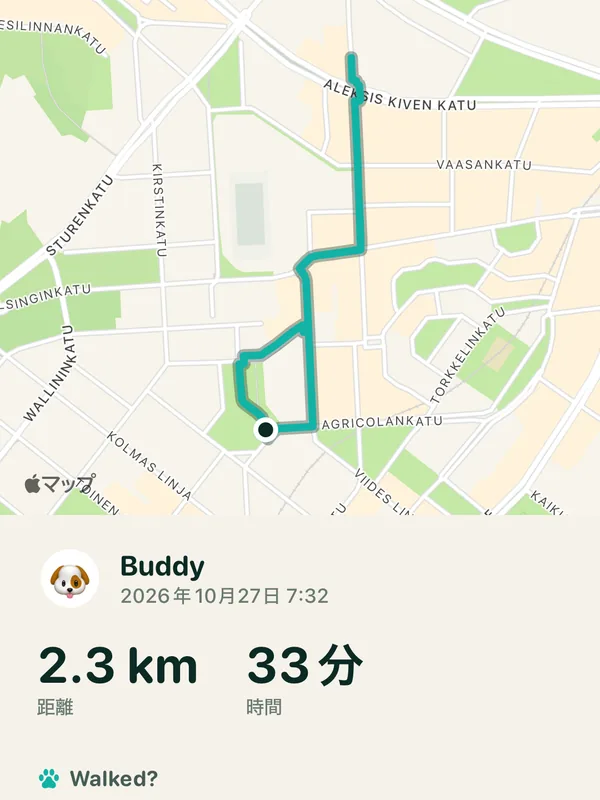 さんぽカード：Buddy、33分で2.3 km、地図上のルート