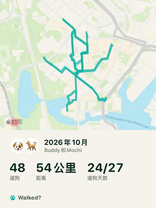 Buddy 和 Mochi 的 10 月回顾卡片：遛了 48 次，54 公里，27 天里遛了 24 天，所有路线画在一张地图上